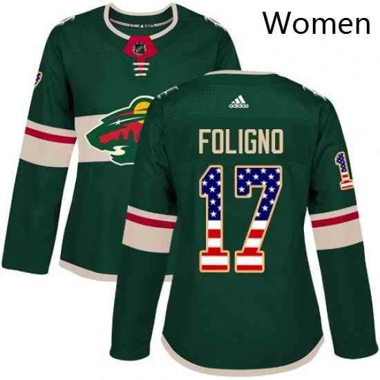 Womens Adidas Minnesota Wild 17 Marcus Foligno Authentic Green USA Flag Fashion NHL Jersey